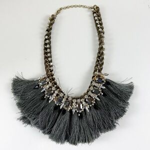 Statement Necklace Gray Tassels Gems Velour Wrapped Rhinestones